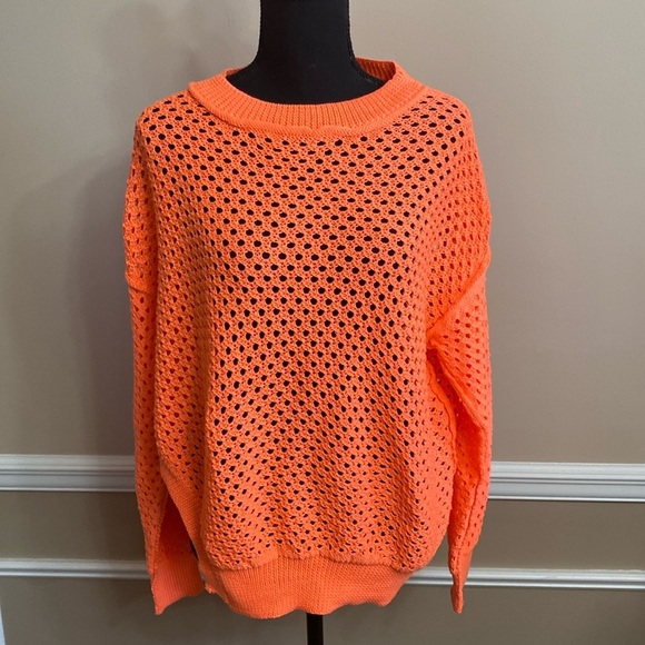DAVI & DANI Sweaters - Davi & Dani Open Knit Drop Shoulder Sweater Neon Orange Small NWT
